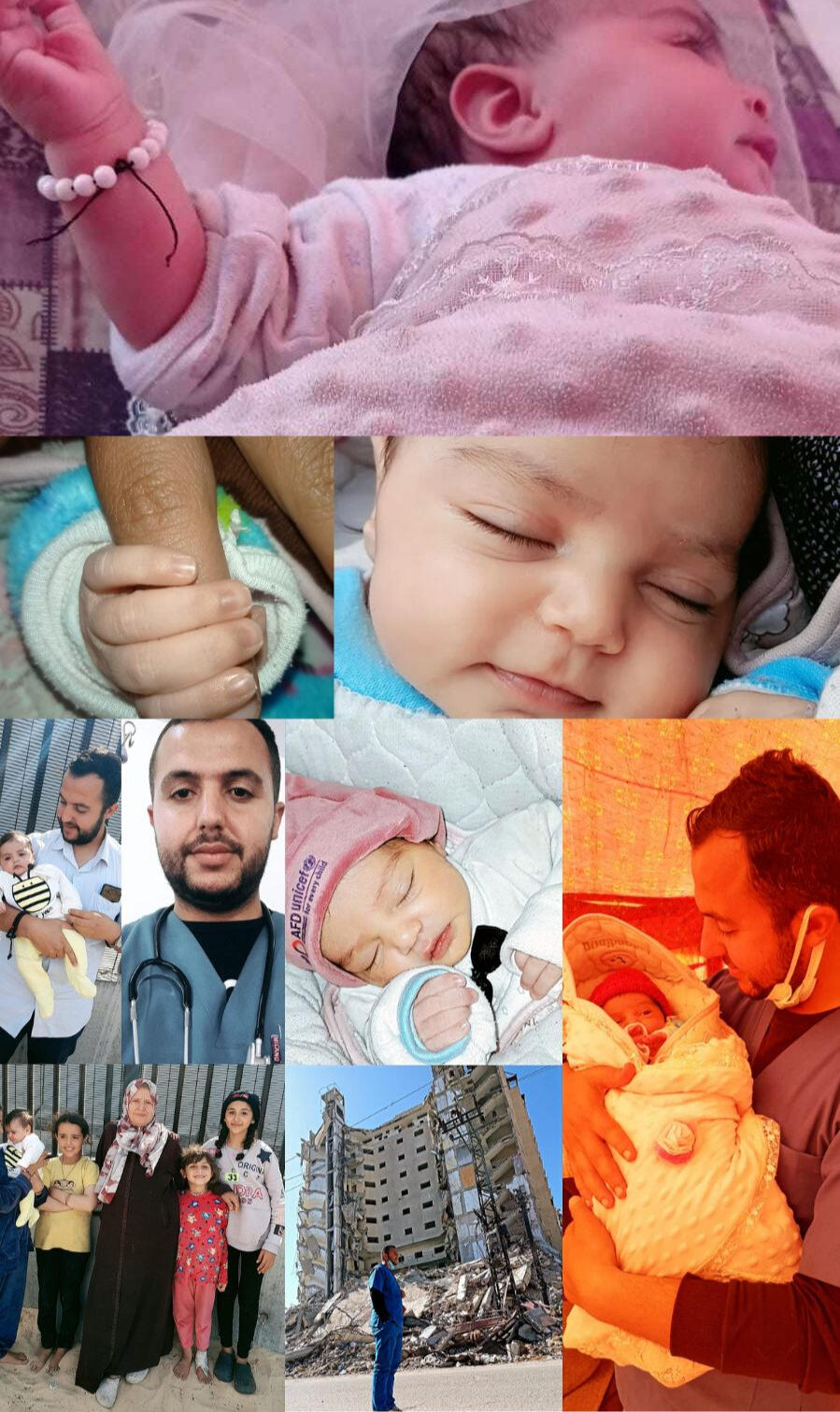 A collage of photographs of newborn baby Marya and her family.