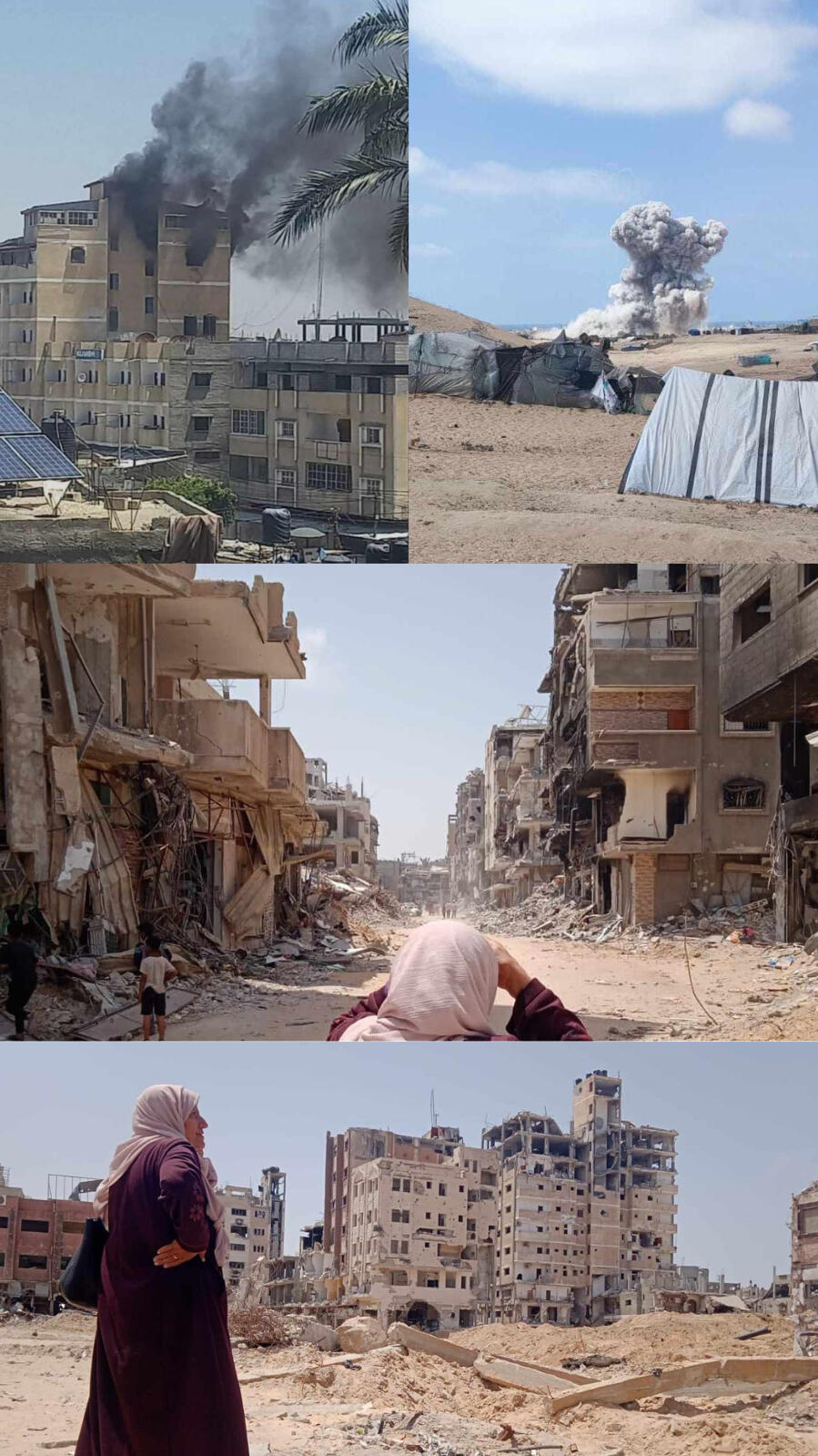 A collage of four photographs of the destruction and bombing in Gaza.